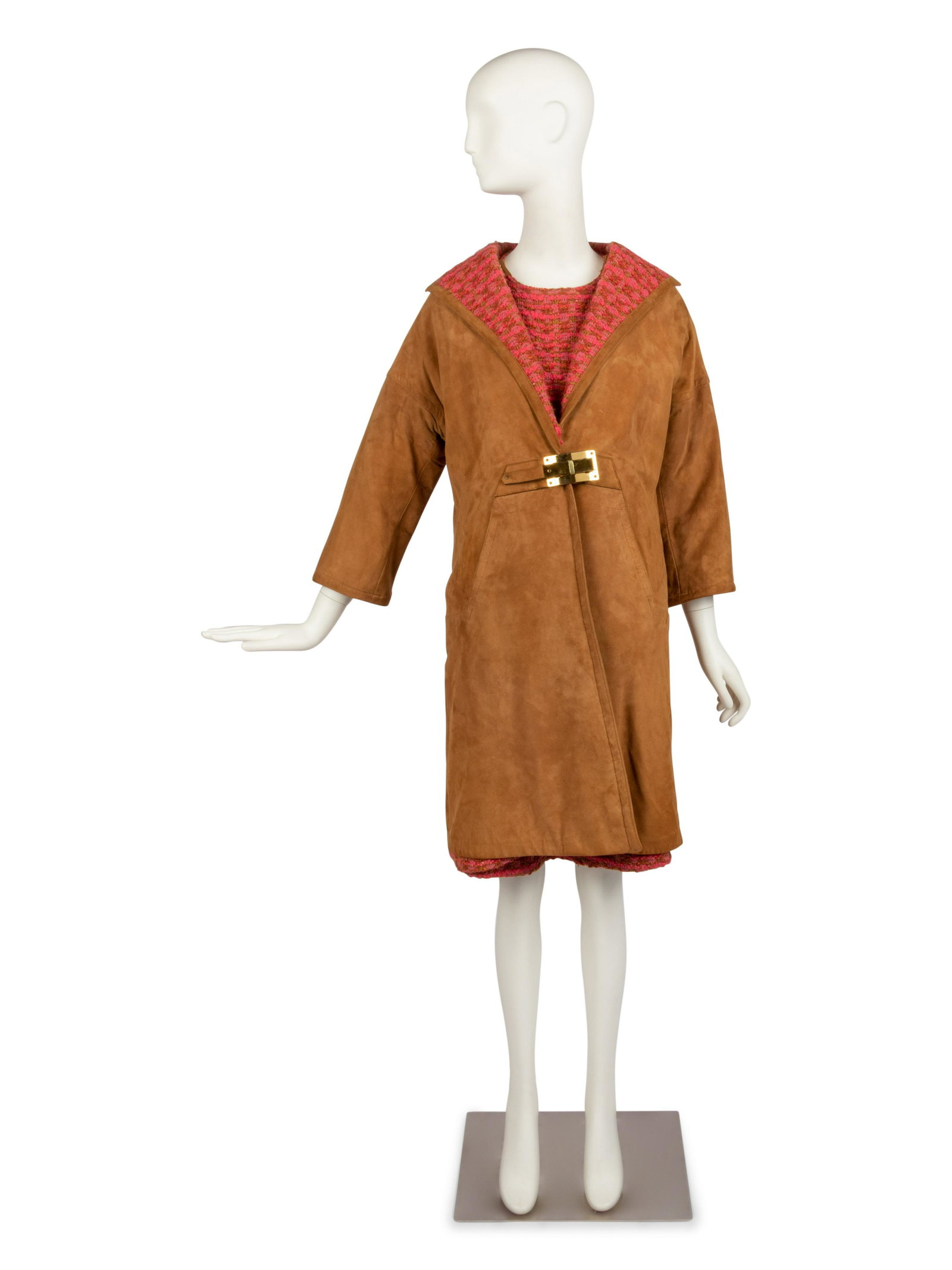 Bonnie Cashin Coat, Dress, belt, sketch, photo, pattern, 1960s: Bonnie Cashin Coat, Dress, belt, sketch, photo, pattern, 1960s This lot includes a matching coat, dress, and belt, along with a pattern of the coat, copy of a sketch of the dress and coat, and a photo