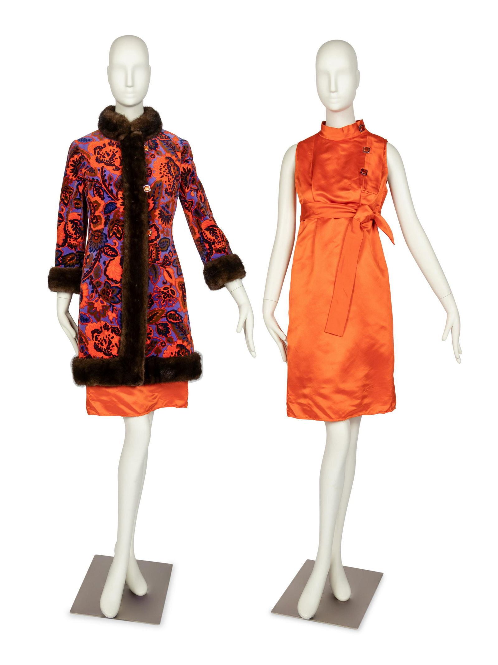 Bill Blass for Maurice Rentner Floral Velvet Coat & Dress Ensemble with Mink Trim, 1960s (1 of 4)