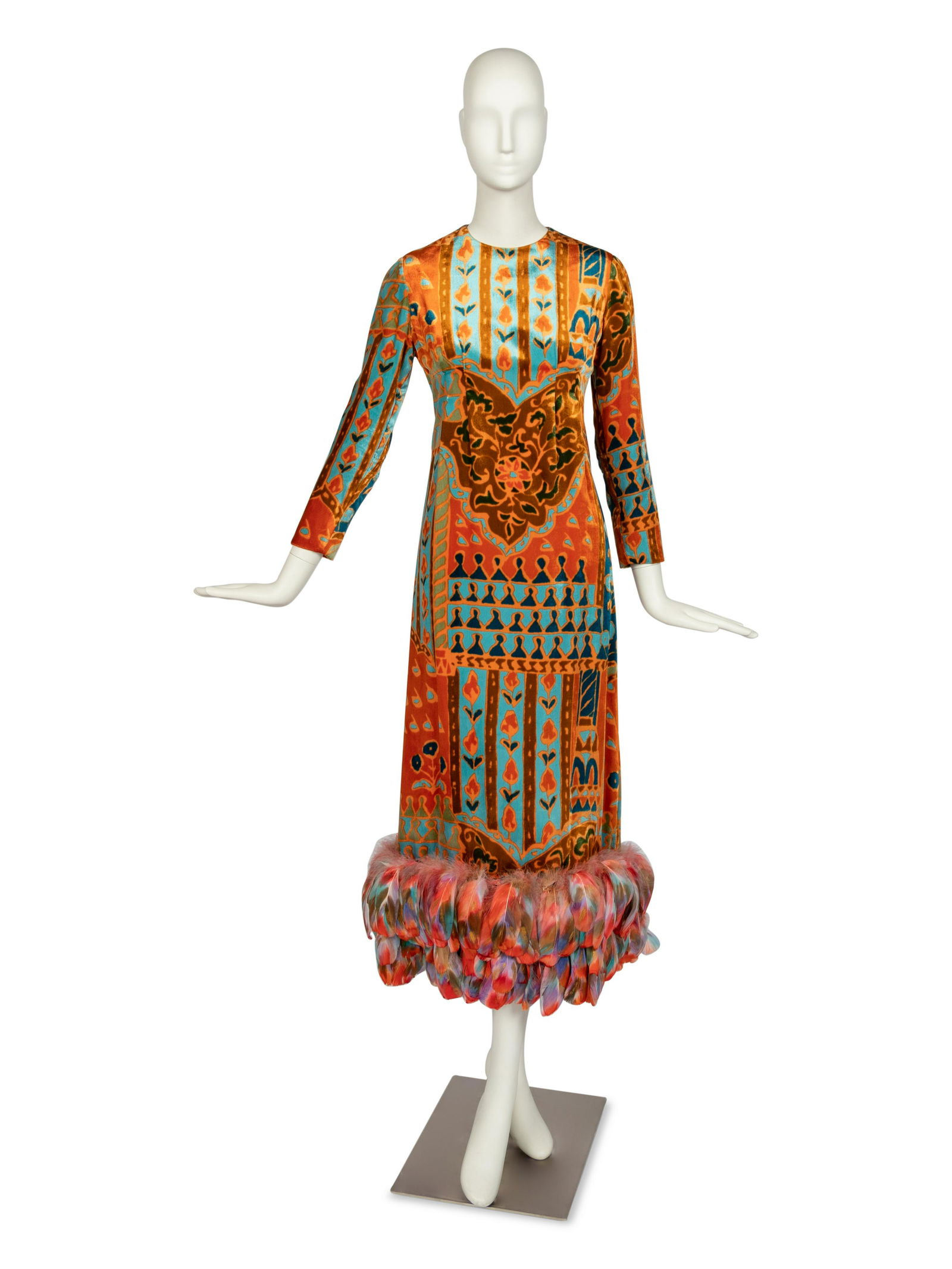 Bill Blass Orange & Blue Velvet Gown with Feather Hem, c. 1972 (1 of 4)