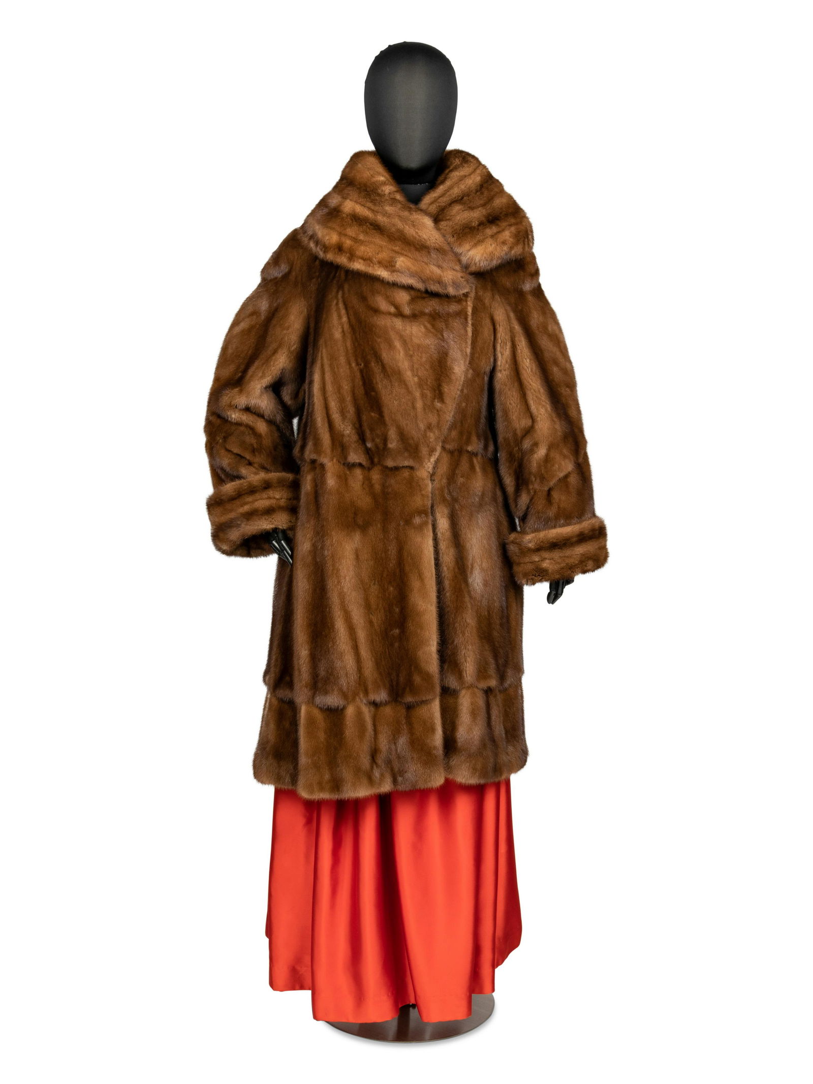 Adolfo Demi Buff Mink Stroller Coat with Cape Collar, 1990s: Adolfo Demi Buff Mink Stroller Coat with Cape Collar, 1990s Buff mink stroller coat with a decorative pattern to the fur pelts that feature a "fold-over" design. The coat is cut with a wide collar sha