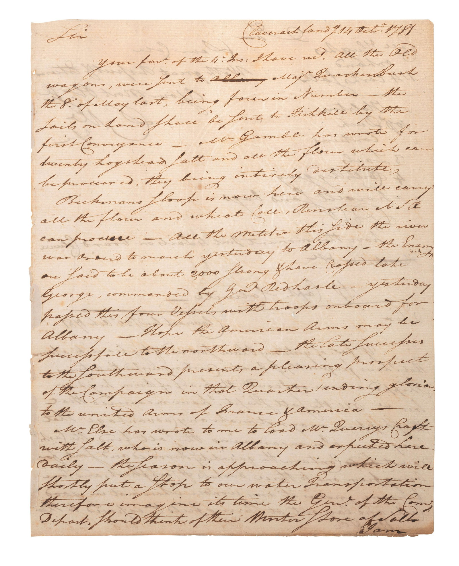 [REVOLUTIONARY WAR]. Manuscript document signed ("D.M."?), to Captain Colville? Claverack, NY, 22 (1 of 2)