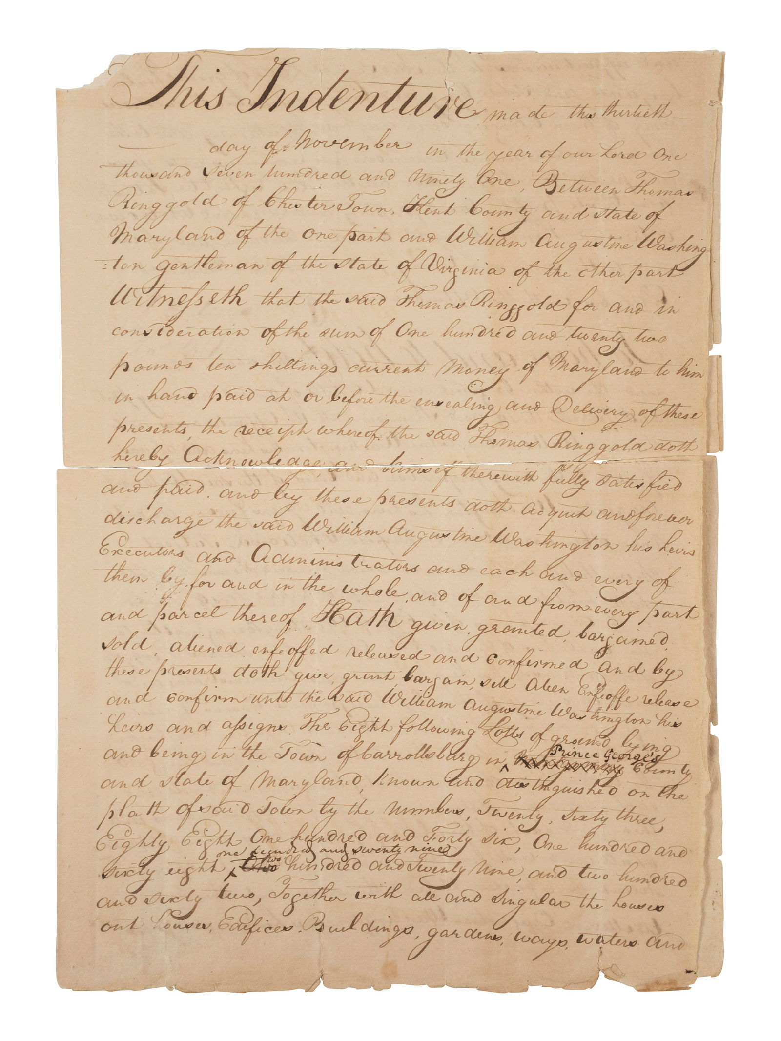 [WASHINGTON, DC]. Indenture of Lands Pertaining to the Formation of the City of Washington, DC. (1 of 4)