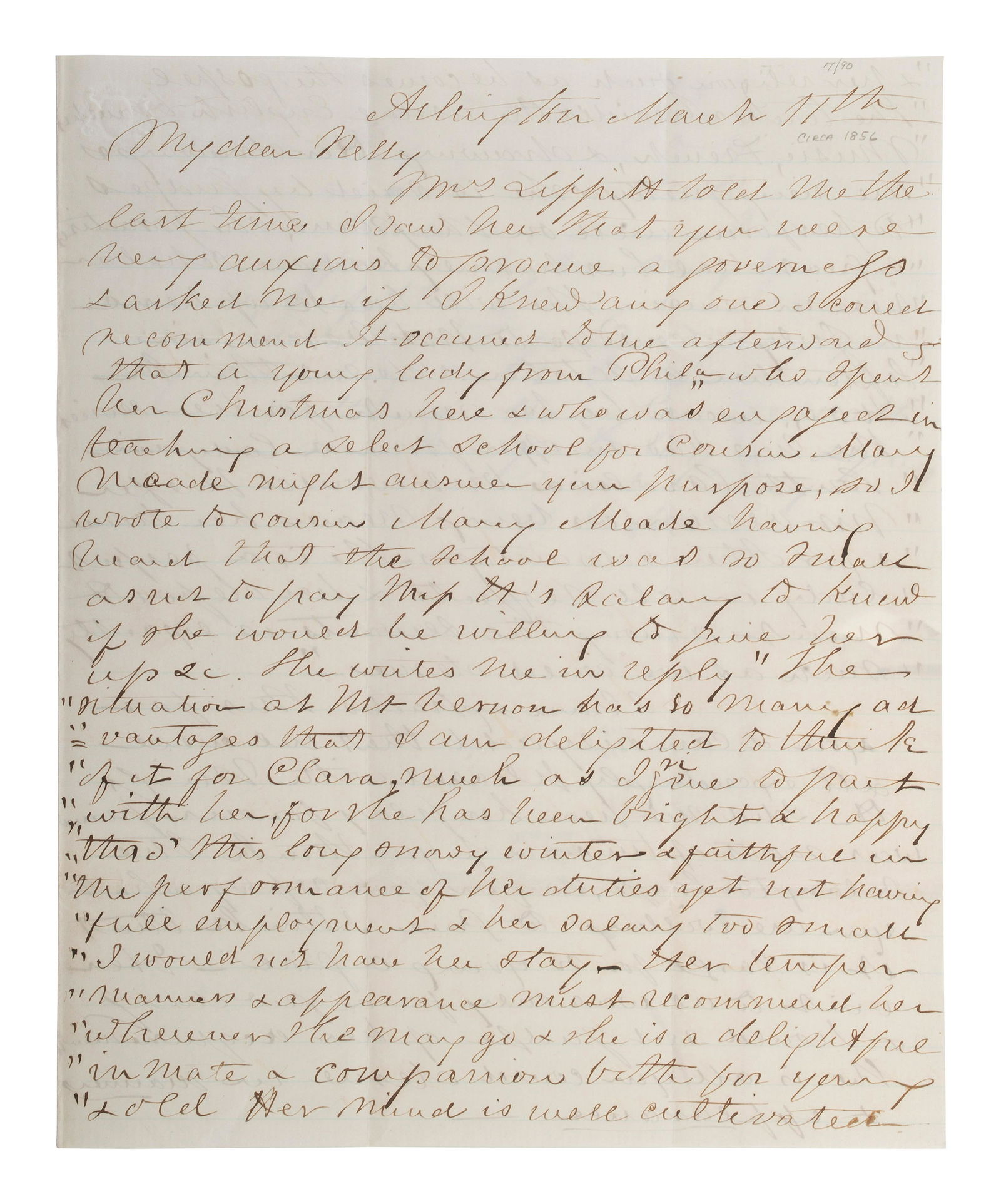 LEE, Mary Custis (1807-1873). Autograph letter signed ("M C Lee") to Eleanor Washington (1824-1860). (1 of 3)