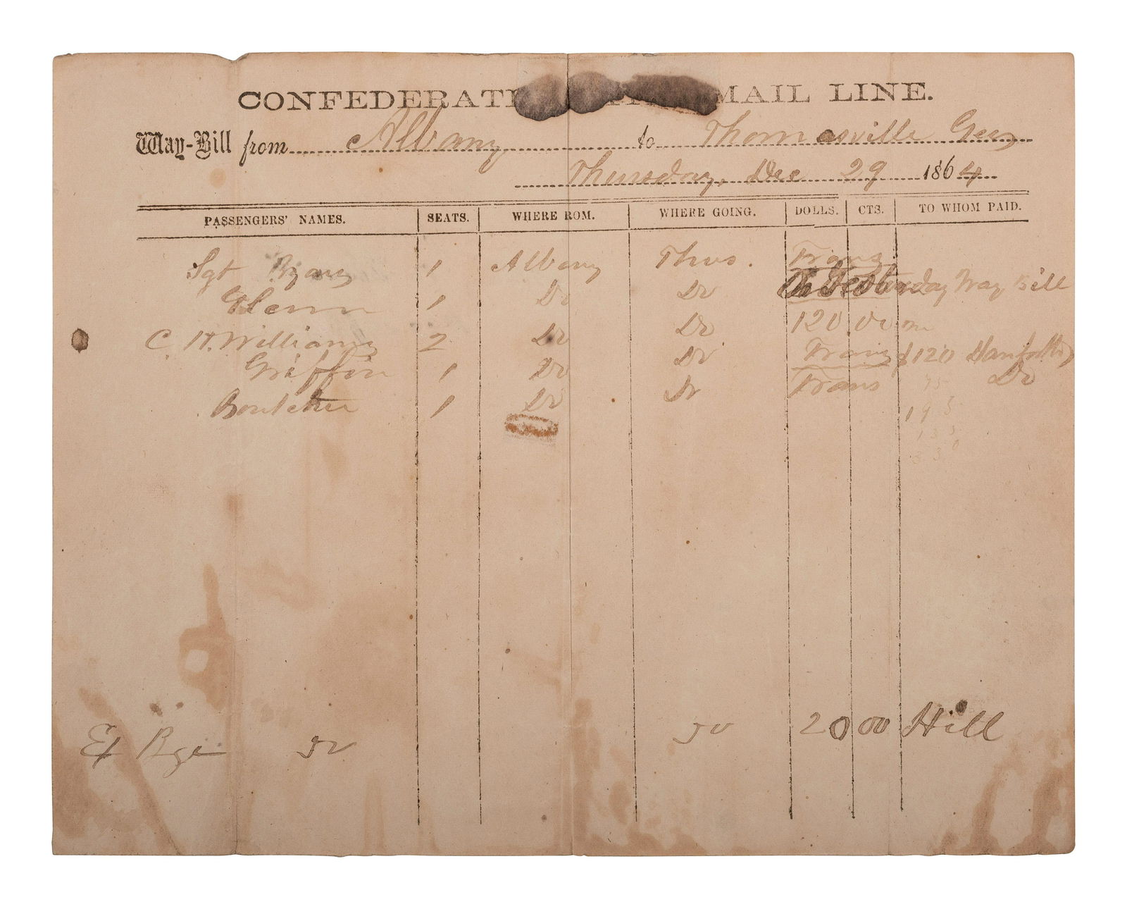 [AFRICAN AMERICANA] -- [CIVIL WAR]. Confederate States Mail Line waybill detailing a coach and its: [AFRICAN AMERICANA] -- [CIVIL WAR]. Confederate States Mail Line waybill detailing a coach and its passengers, including enslaved persons "Glenn," "Griffin," and "Boutcher." 29 December 1864. 1p, 7 1/