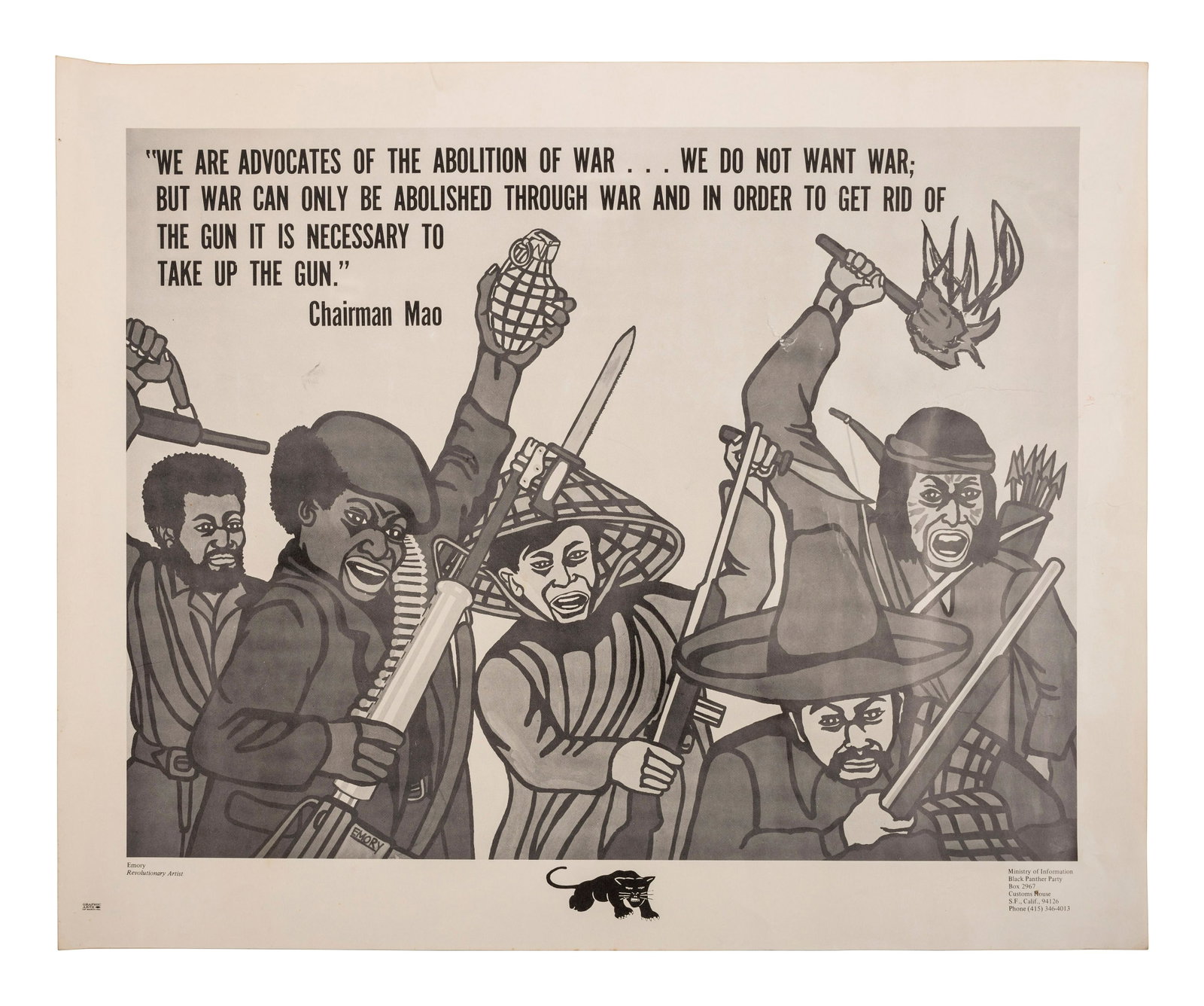 [BLACK PANTHER PARTY]. DOUGLAS, Emory (b. 1943), artist. We Are Advocates of the Abolition of War.: [BLACK PANTHER PARTY]. DOUGLAS, Emory (b. 1943), artist. We Are Advocates of the Abolition of War. San Francisco, CA: Black Panther Party, n.d. 22 x 18 in. poster (some creasing throughout, small punc