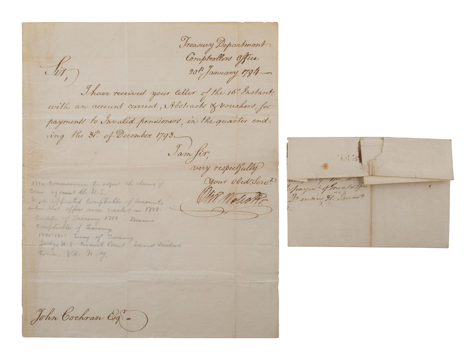 [FOUNDING FATHER]. WOLCOTT, Oliver Jr. (1760-1833). Letter signed ("Oliv. Wolcott Jr.") as (1 of 2)
