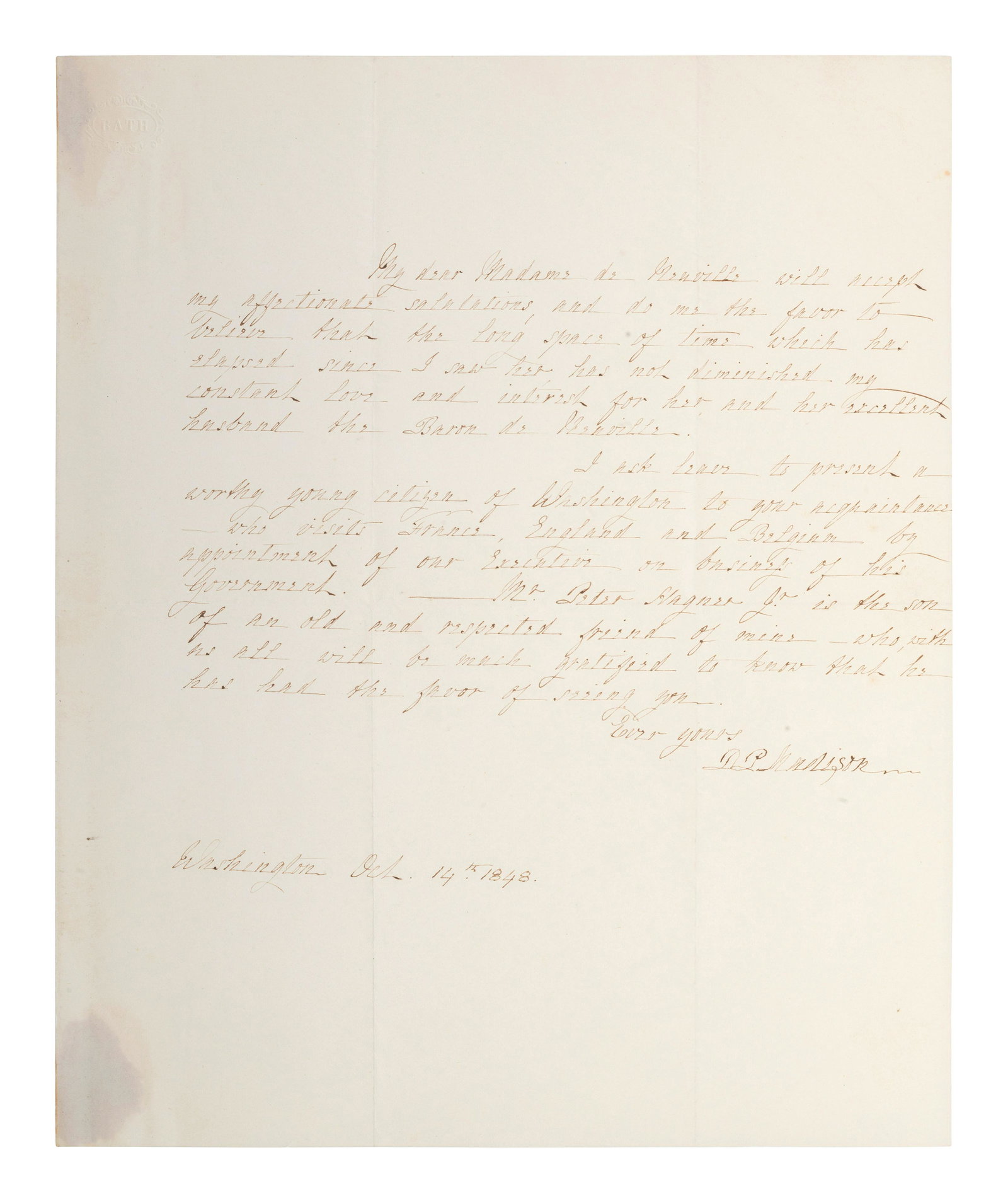 MADISON, Dolly (1768-1849). Autograph letter signed ("D.P. Madison"). Washington, [DC], 14 October (1 of 1)