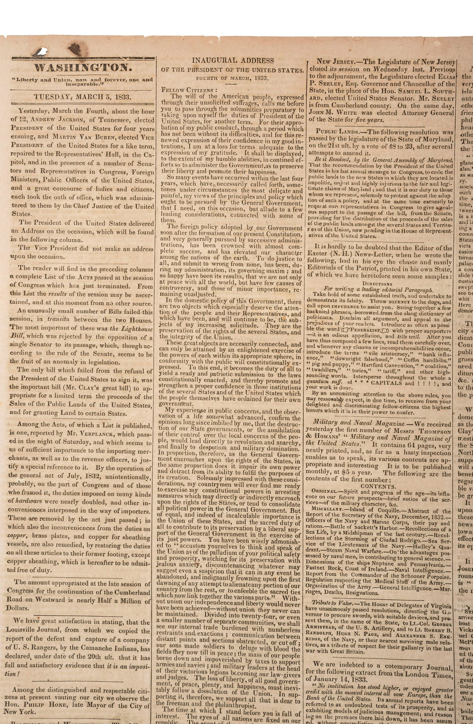 [POLITICS]. National Intelligencer. Vol. XXXIV, No. 4878. Washington, DC: Gales & Seaton, 5 March (1 of 4)