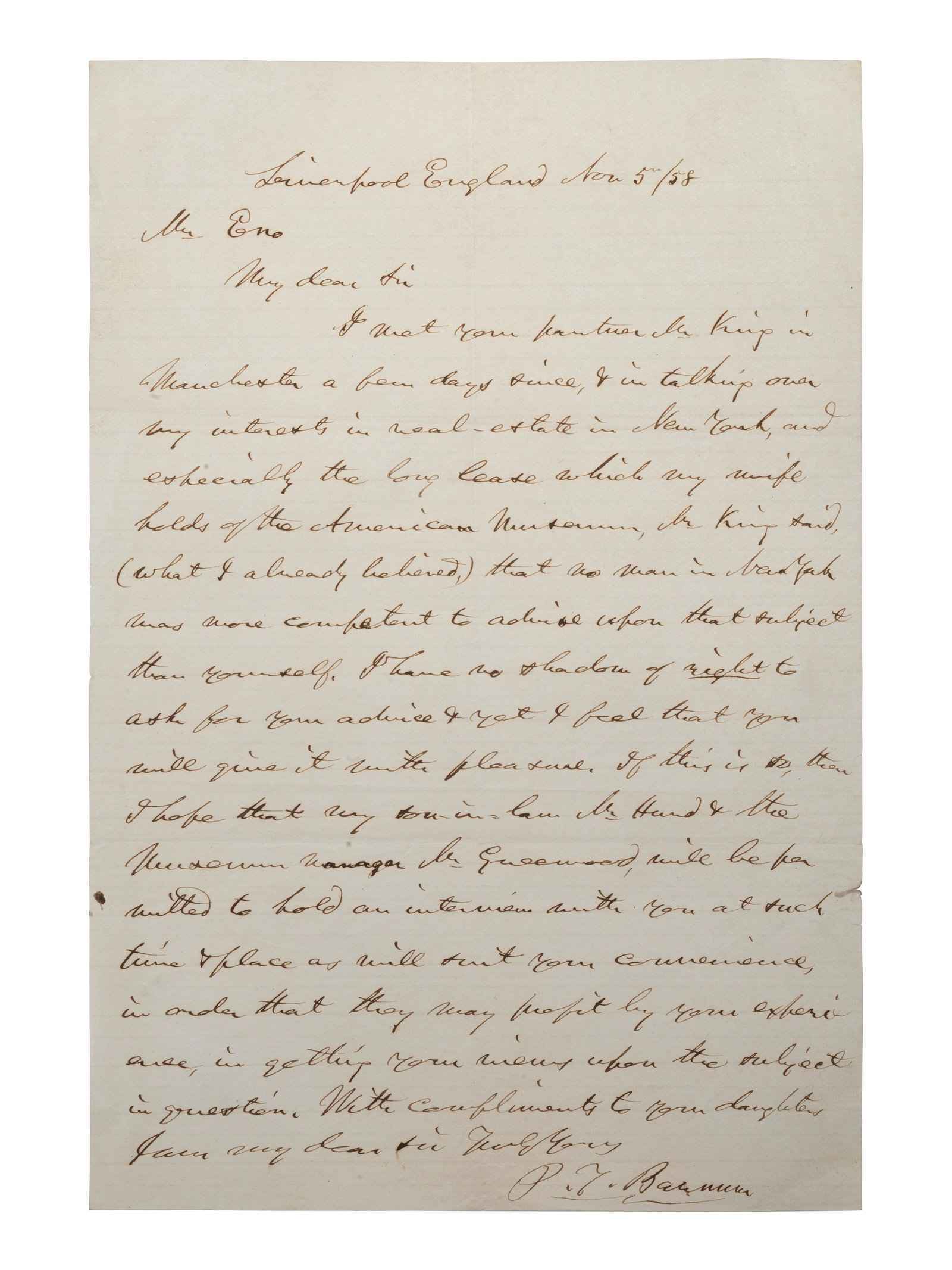 BARNUM, Phineas Taylor (1810-1891). Autograph letter signed ("P.T. Barnum"). Liverpool England, 5 (1 of 1)