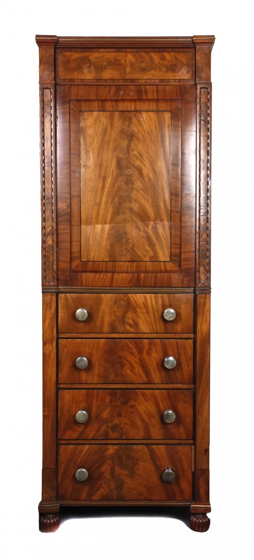A Continental Burlwood Inset Linen Press, Height 75: A Continental Burlwood Inset Linen Press, of block front form having a plain frieze over a single paneled door and four graduated drawers, raised on melon feet. Height 75 1/2 x width 26 1/4 x depth 20