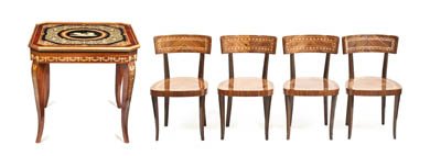 An Italian Neoclassical Marquetry Games Table, Heig: An Italian Neoclassical Marquetry Games Table, including various interchangeable surfaces, a roulette wheel and game pieces, together with four marquetry and parquetry side chairs. Height of table 29 
