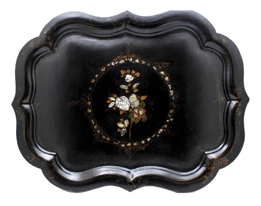 A Painted Tole Tray, Length 30 1/2 inches.: A Painted Tole Tray, with mother-of-pearl inlay. Length 30 1/2 inches.
