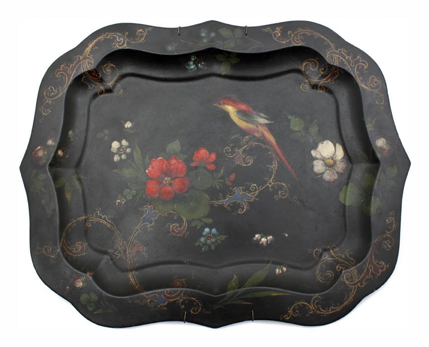 A Painted Tole Tray, Length 14 1/4 inches.: A Painted Tole Tray, the shaped form decorated with a bird in a garden. Length 14 1/4 inches.