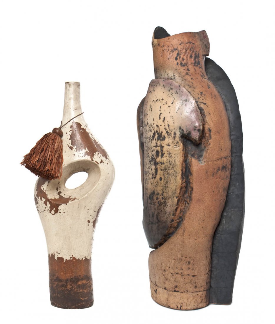 Two Studio Ceramic Works, Height of tallest 37 x w: Two Studio Ceramic Works, each of amorphous form, the first signed Palley Height of tallest 37 x width 12 inches. Property from the Collection of Roberta and Jerome Hirtenstein, Northbrook, Illinois