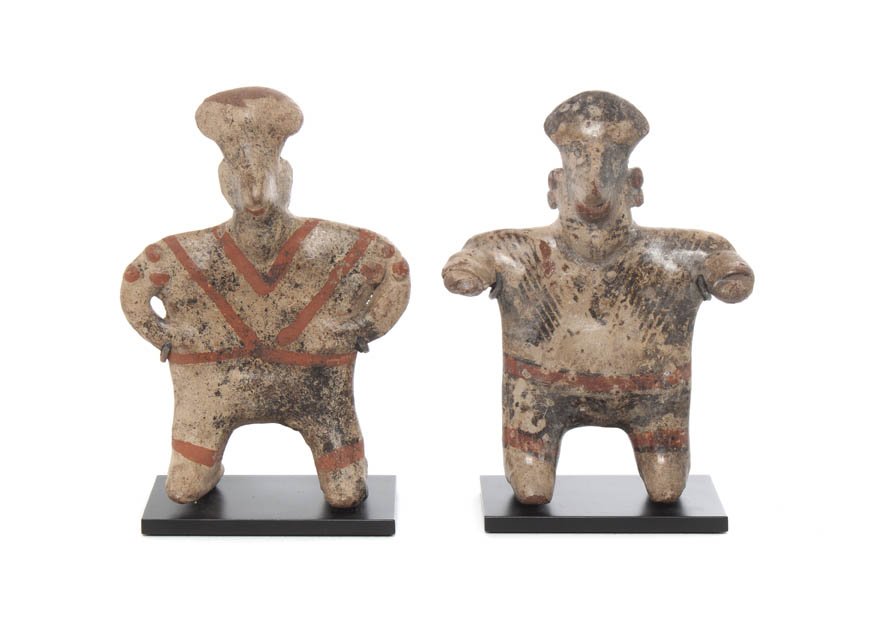 A Pair of Pre-Columbian Figures, Nayarit, Height 6: A Pair of Pre-Columbian Figures, Nayarit, depicting standing figures with headdresses, retaining some of the original paint. Height 6 3/4 inches. Property from the Collection of Roberta and Jerome Hir