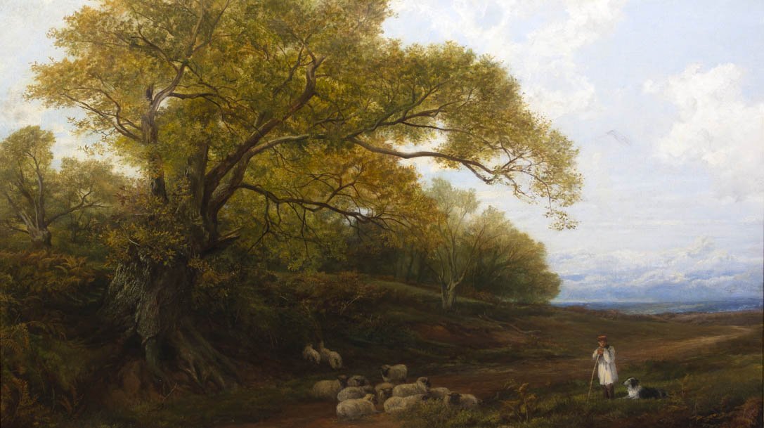 Frederick William Hulme, (British, 1816-1884), Wat: Frederick William Hulme (British, 1816-1884) Watching His Flock oil on canvas signed F. W. Hulme (lower right) 24 x 42 inches.