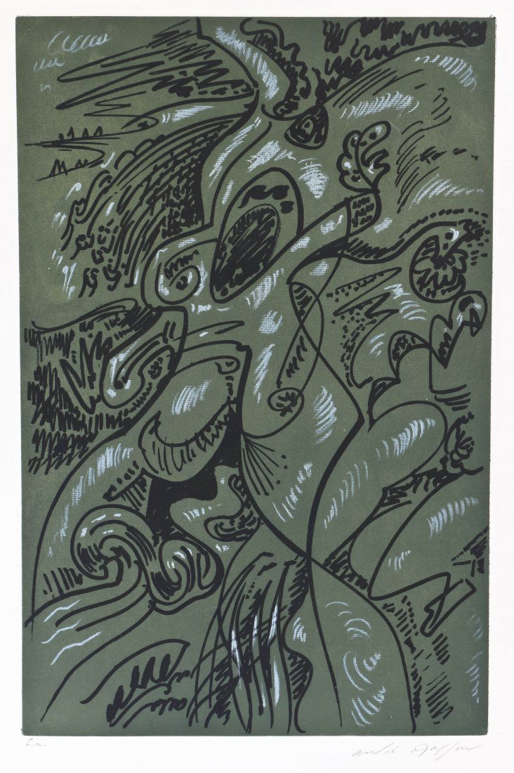 Andre Masson, (French, 1896-1987), Bonjour Max Ern: Andre Masson (French, 1896-1987) Bonjour Max Ernst color aquatint signed Andre Masson (lower right) 18 1/8 x 12 inches. Property from the Collection of Mr. Kent Anderson, Milwaukee, W