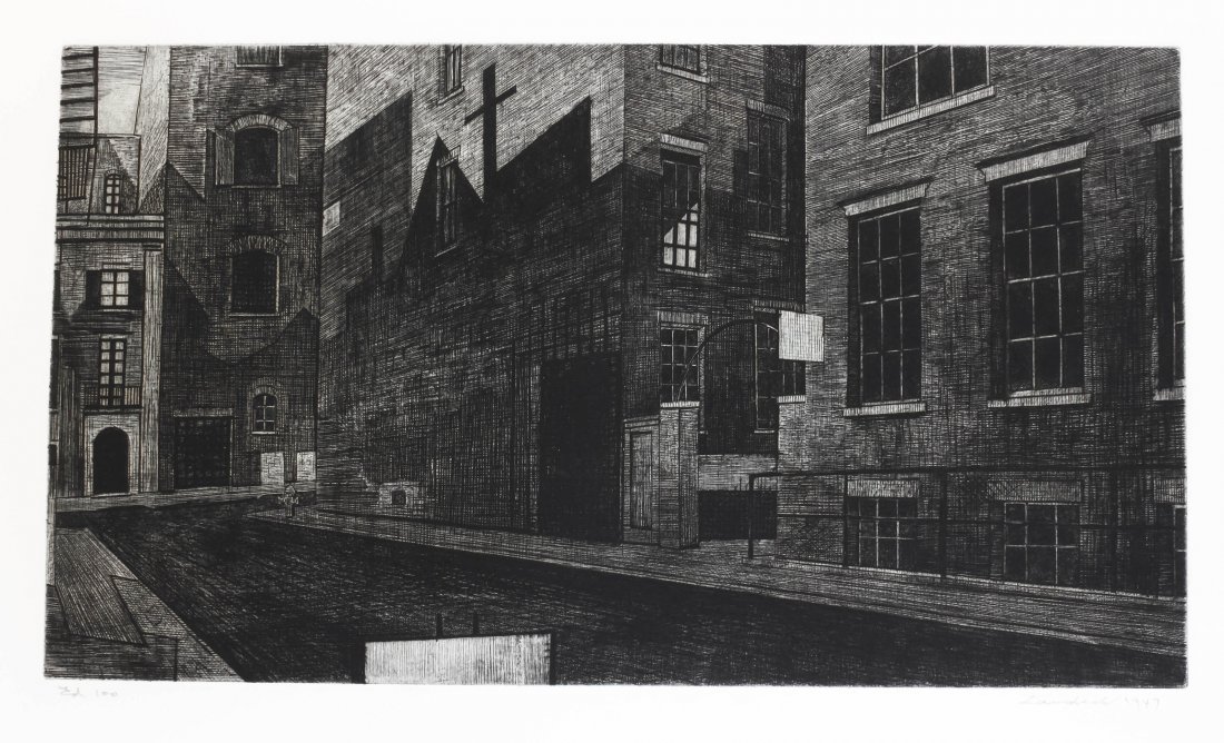 Armin Landeck, (American, 1905-1984), Shadowed Str: Armin Landeck (American, 1905-1984) Shadowed Street drypoint engraving edition 100, signed Landeck and dated (lower right) 7 7/8 x 13 15/16 inches. Property from the Collection of Mr.