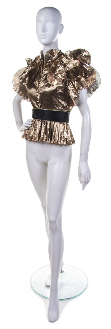 A Zandra Rhodes Bronze Pleated Butterfly Obi Jacket: A Zandra Rhodes Bronze Pleated Butterfly Obi Jacket. Labeled: Hattie Zandra Rhodes. UK Size 8.