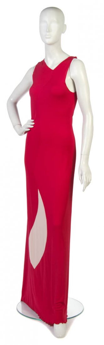 A Stephen Burrows Red Jersey Dress,: A Stephen Burrows Red Jersey Dress, with tan insert detail at front. Labeled: Stephen Burrows.