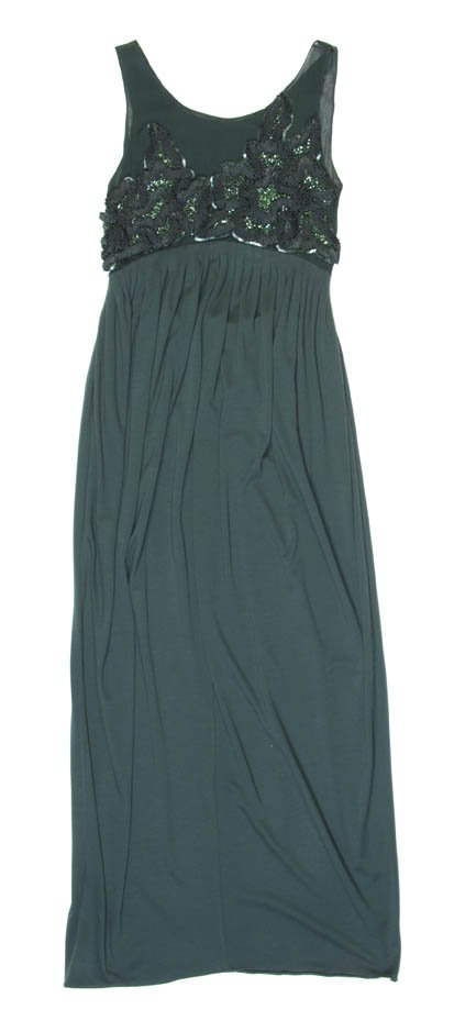 A Geoffrey Beene Green Jersey Evening Dress,: A Geoffrey Beene Green Jersey Evening Dress, with a sheer bodice with ribbon and sequin detail, matching capelet. Labeled: Geoffrey Beene.