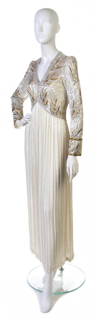 A Bob Mackie Cream, Silver and Gold Beaded Evening: A Bob Mackie Cream, Silver and Gold Beaded Evening Gown. Labeled: Bob Mackie.