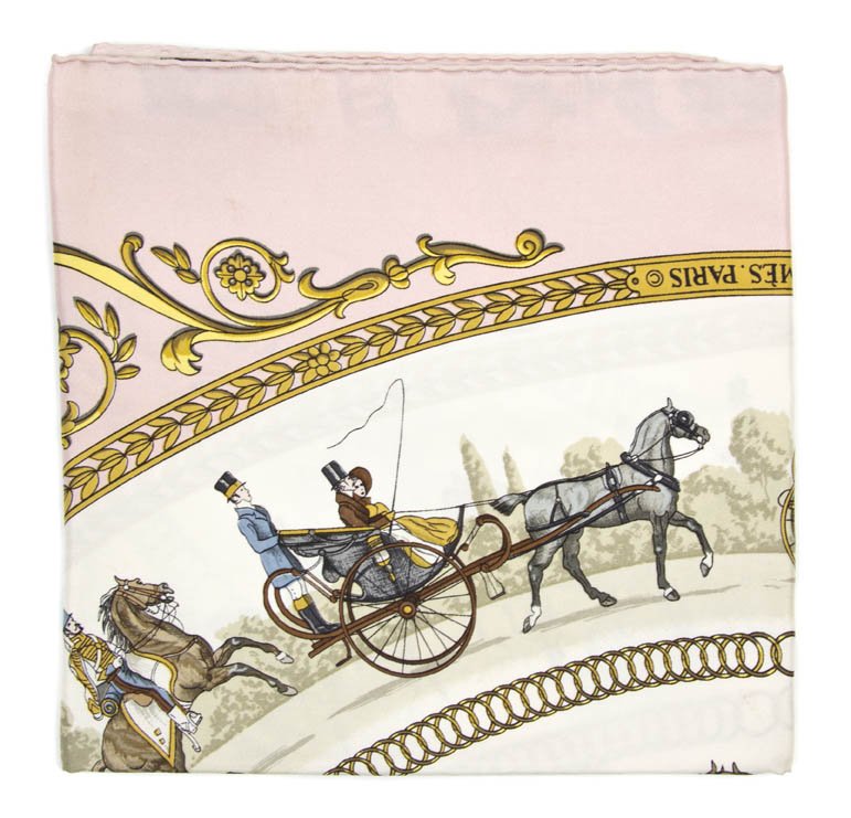 An Hermes Silk Scarf, 35 x 35 inches.: An Hermes Silk Scarf, in a 'La Promenade de Longchamps' motif. Labeled within print: Hermes. 35 x 35 inches. Property from an Hermes Collector, New York, New York