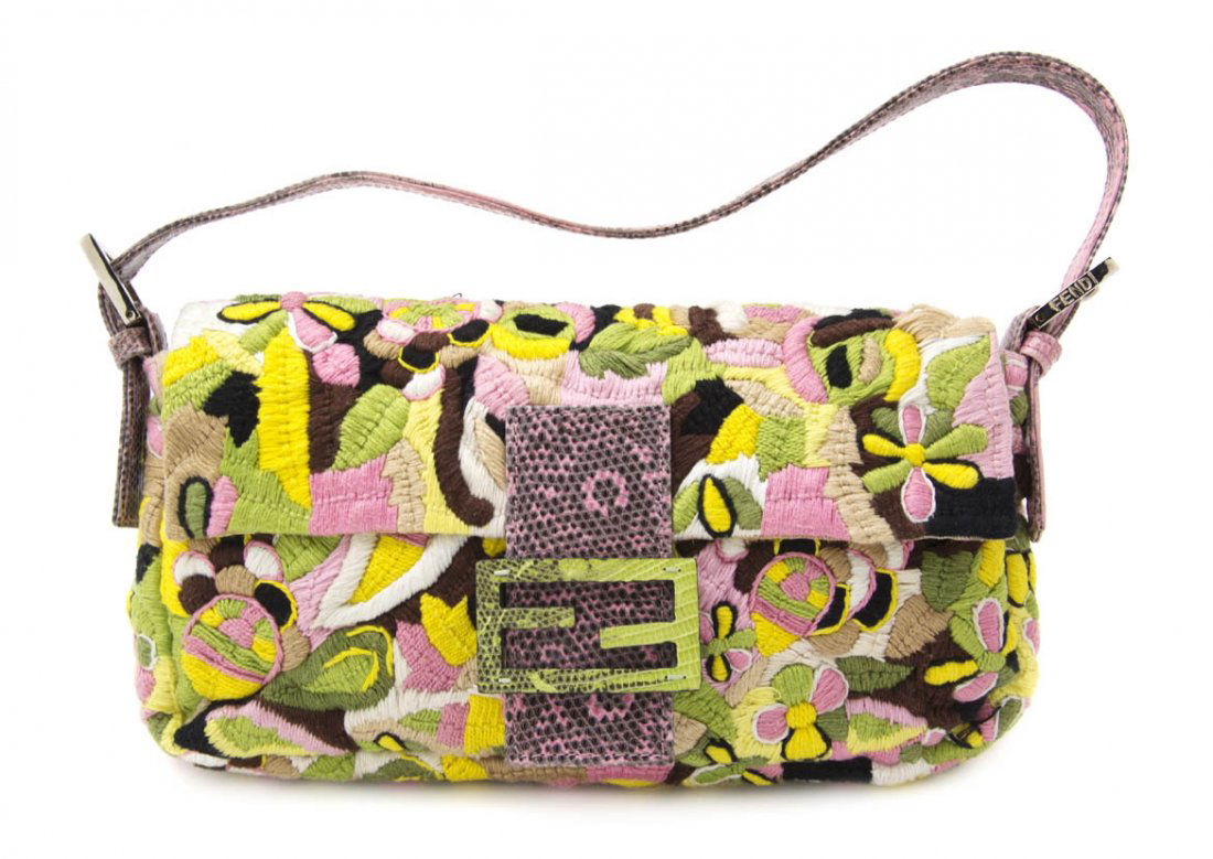 A Fendi Multicolor Embroidered Bag, 11 x 6 inches.: A Fendi Multicolor Embroidered Bag, with green, yellow, pink, tan, brown, and black embroidery and snake logo closure. Labeled: Fendi. 11 x 6 inches. Property of a Lady, Minneapolis, Minnesota