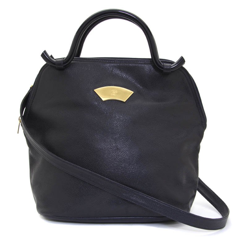 A Karl Lagerfeld Black Leather Bag, 13 x 11 inches: A Karl Lagerfeld Black Leather Bag, with resin handle. Stamped: Karl Lagerfeld. 13 x 11 inches. Property from the Collection of a Lady, Palm Beach, Florida