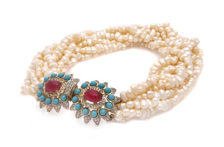 A Kenneth Jay Lane Multistrand Faux Pearl, Crystal: A Kenneth Jay Lane Multistrand Faux Pearl, Crystal, and Turquoise Necklace. Stamped: Kenneth Lane. Property from the Estate of Helen Ramsdell Bingham, West Palm Beach, Florida