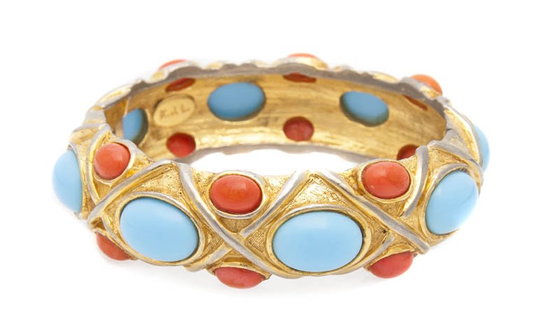 A Kenneth Jay Lane Turquoise and Coral Hinge Brace: A Kenneth Jay Lane Turquoise and Coral Hinge Bracelet, 1960s. Stamped: K.J.L.