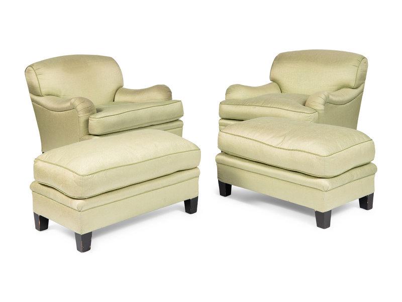 A Pair of Custom Celadon Green Silk Upholstered Armchairs: A Pair of Custom Celadon Green Silk Upholstered Armchairs By Dedar, Circa 1998 each with matching ottoman, en suite.Height 28 x width 33 1/2 x depth 38 inches. Property from a
