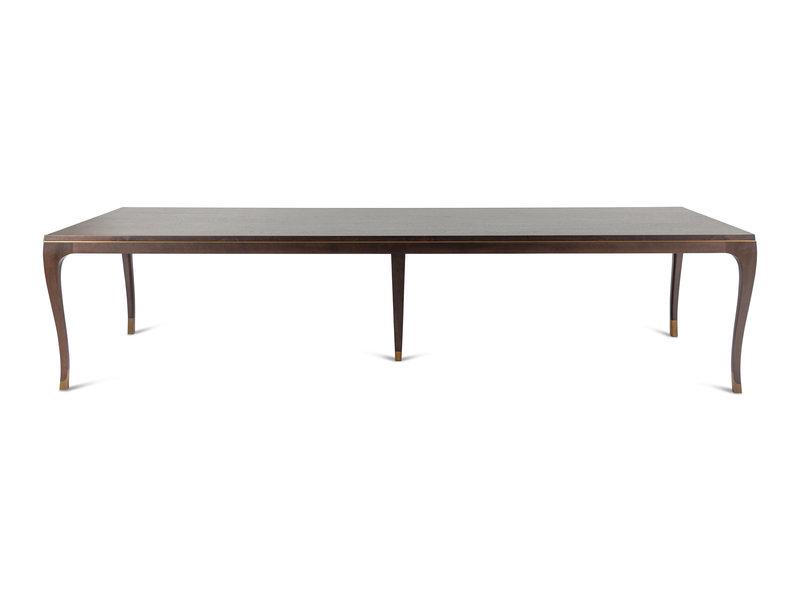A Holly Hunt Studio Walnut and Brass Carlyle Dining Table: A Holly Hunt Studio Walnut and Brass Carlyle Dining Table Height 30 x length 128 x width 44 inches. This lot is located in Chicago. Condition Like-new condit
