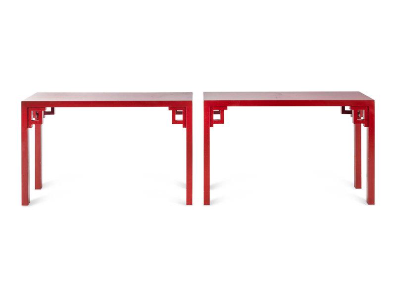 A Pair of Contemporary Red-Painted Console Tables: A Pair of Contemporary Red-Painted Console Tables Height 29 1/2 x width 48 x depth 14 inches. This lot is located in Chicago. Property from a Private Collection Condition<