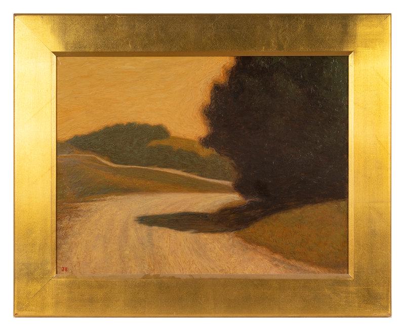 Artist Unknown (20th century) Road in the Flint Hills: Artist Unknown (20th century) Road in the Flint Hills oil on board initialed JE (lower left) 18 x 23 3/4 inches. This lot is located in Chicago. Size 18 x 23 3/4