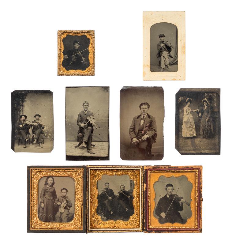A Group of Nine Cased Images of Violin Players: A Group of Nine Cased Images of Violin Players 19th Century four examples framed, five examples in clear protective sleeves. Largest (unframed): 4 1/8 x 2 1/2 inches. This lot is located in