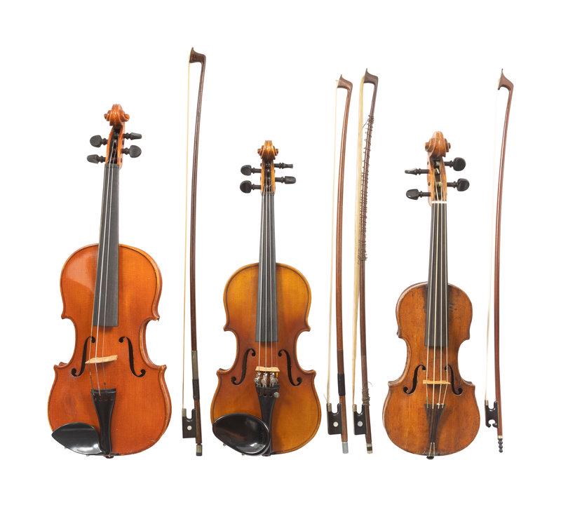 A Group of Three Children's Violins: A Group of Three Children's Violins all with cases, comprising a German 1/8-size violin with two bows, a German 1/4-size violin with one bow, and a French 1/8-size violin with one bow. This lot