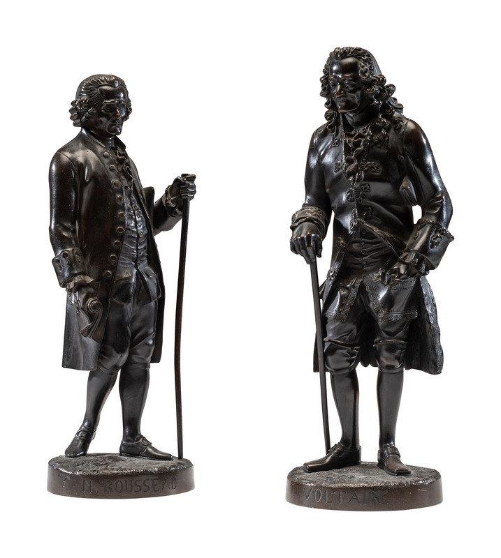 Two French Patinated Bronze Figures of Voltaire and Rousseau: Two French Patinated Bronze Figures of Voltaire and Rousseau Late 19th Century each stamped with Susse Freres Foundry mark. Together with a pair of Jennings Brothers figural bookends, each marked to b