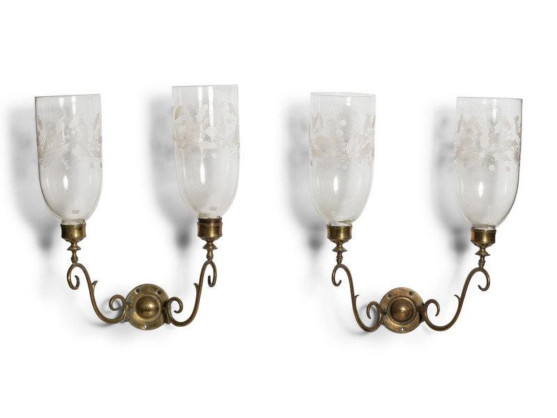 A Pair of Classical Brass and Etched Hurricane Glass Two-Light Wall Sconces: A Pair of Classical Brass and Etched Hurricane Glass Two-Light Wall Sconces 19th Century Height 19 1/4 x width 14 1/2 x depth 8 1/2 inches. This lot is located in Cincinnati.