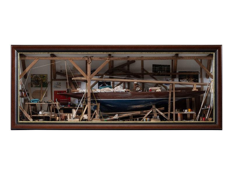 A French Cased Boat Building Diorama: A French Cased Boat Building Diorama Patrick Richard (French, born 1956) numbered 931701185.Height of case 12 x width 29 3/4 x depth 5 1/4 inches. This lot is located in Cincinnati