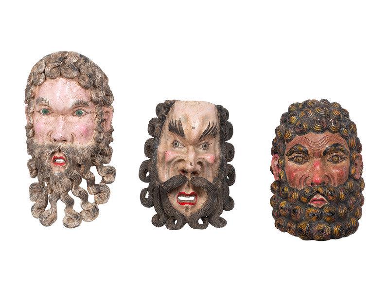 Three Mexican Carved and Painted Wood Festival Masks: Three Mexican Carved and Painted Wood Festival Masks 20th Century depicting bearded men. Height of largest 22 1/2 inches. This lot is located in Cincinnati. Property from the Collectio