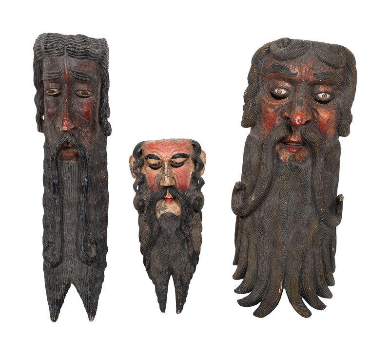 Three Mexican Painted Wood Festival Masks: Three Mexican Painted Wood Festival Masks 20th Century depicting bearded men. Height of largest 35 1/2 inches. This lot is located in Cincinnati. Property from the Collection of Jonath