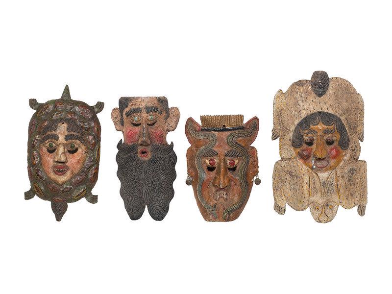 Four Mexican Copper Festival Masks: Four Mexican Copper Festival Masks 20th Century comprising a turtle, rabbit, snake, and bearded man. Height of largest 23 inches. This lot is located in Cincinnati. Property from the C