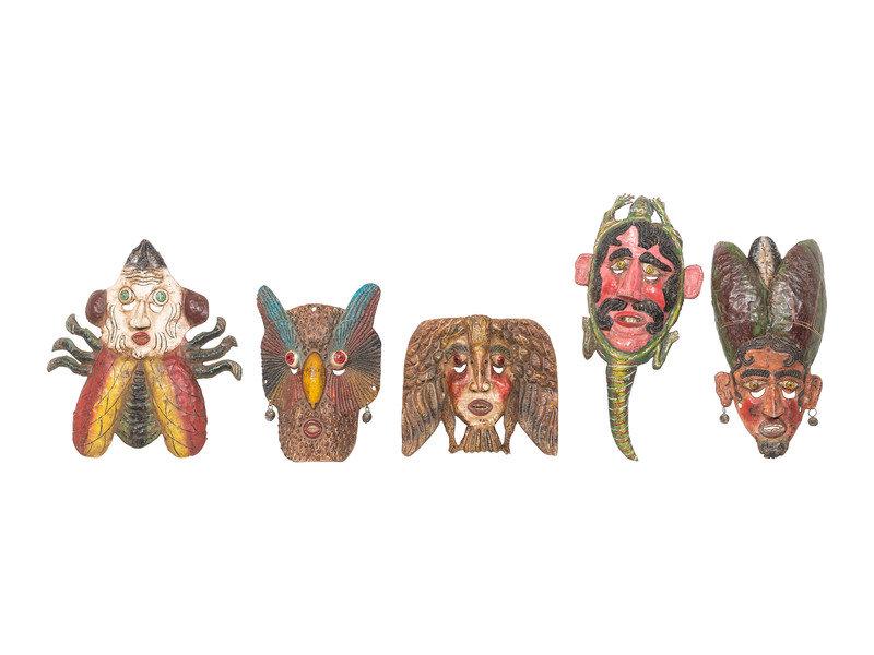 Five Mexican Copper Festival Masks: Five Mexican Copper Festival Masks 20th Century comprising an owl, an eagle, two beetles, and an armadillo. Height of largest 23 inches. This lot is located in Cincinnati. Property fro