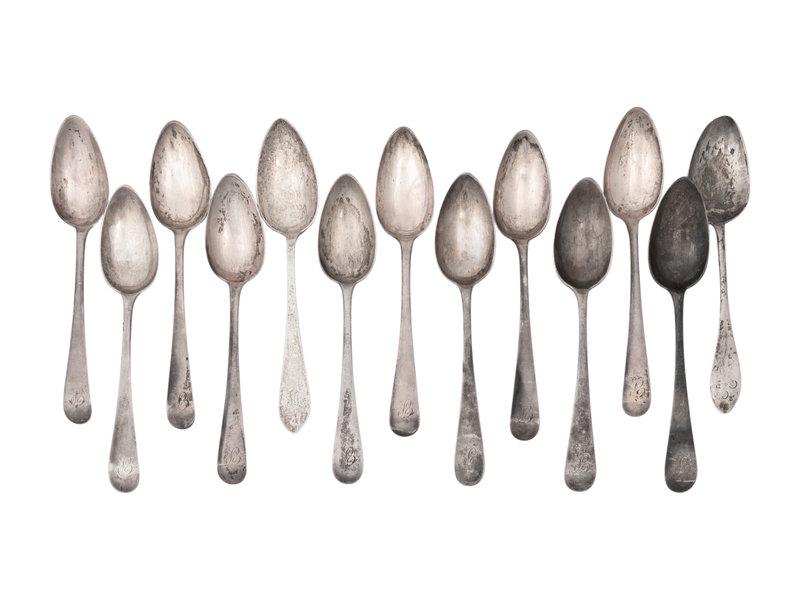 A Group of Coin Silver Spoons: A Group of Coin Silver Spoons comprising of Eleven coin silver spoons by William Moulton and seven coin silver spoons marked S. Richard. Lot also includes a sterling silver spoon marked 