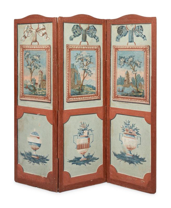 A Painted Canvas Three-Panel Floor Screen: A Painted Canvas Three-Panel Floor Screen 19th Century Each panel height 65 x width 20 1/4 inches. This lot is located in Denver. Condition Condition reports are avail