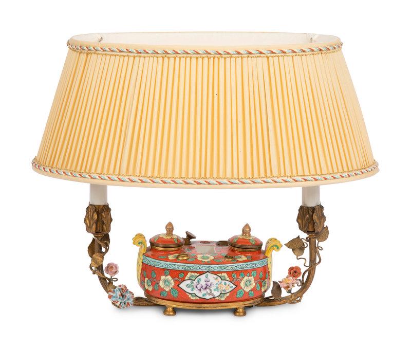 A French Porcelain Encrier Mounted as a Lamp: A French Porcelain Encrier Mounted as a Lamp Late 19th Century Height 13 1/2 x width 12 inches. This lot is located in Denver. Property from the Estate of William D. Weiss, Jackson, Wyoming