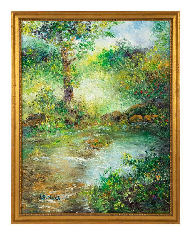 Americo Bartholomew Makk Brazilian, b. 1951 Impressionist Tropical Forest and Pond: Americo Bartholomew Makk Brazilian, b. 1951 Impressionist Tropical Forest and Pond oil on canvas signed A.B. Makk (lower left) 17 1/2 x 13 1/2 inches. This lot is located in Denver.