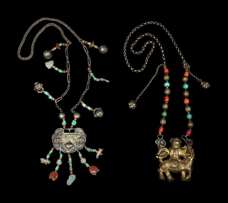 Two Chinese Silver Necklaces: Two Chinese Silver Necklaces 20th Century each with suspending a central pendant from a stand featuring coral, carnelian, turquoise and jade beads. Width of the ruyi lock pendant 2 1/2., 6.4 cm.