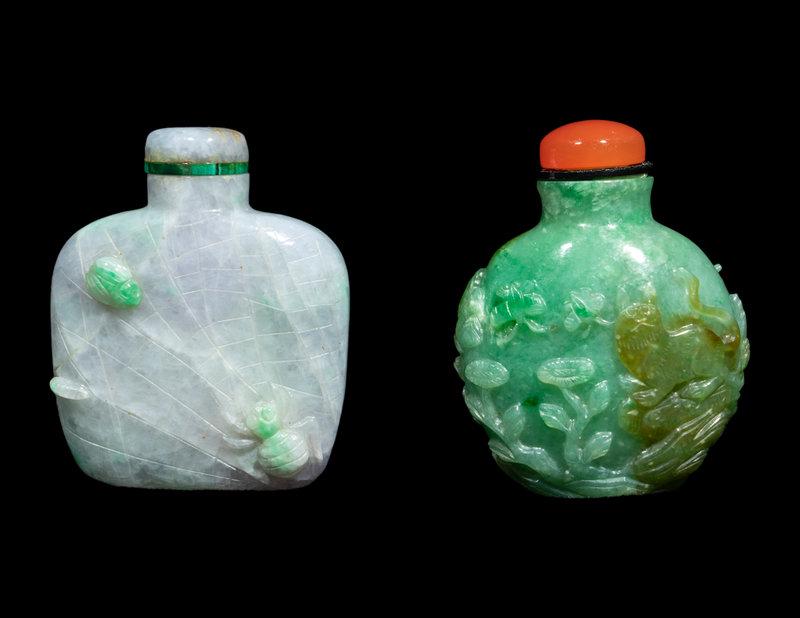 Two Chinese Carved Jadeite Snuff Bottles: Two Chinese Carved Jadeite Snuff Bottles 20th Century the first carved with figures, the second carved as spiders on their web. Height of taller 2 1/2 in., 6.3 cm. Size Heigh